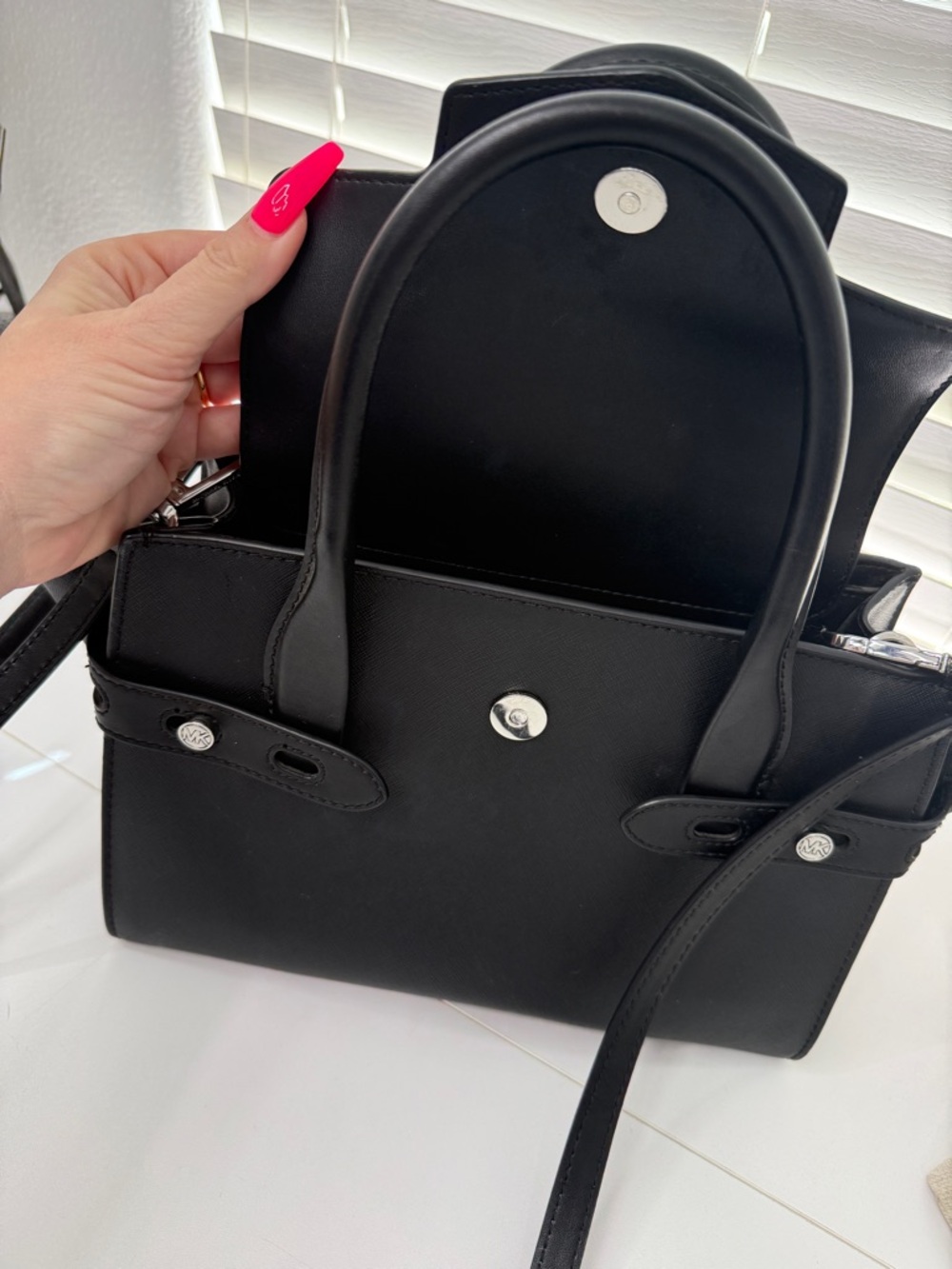 NWT! Michael Kors Black Leather Satchel with MK Logo and Detachable Strap - Picture 6 of 7